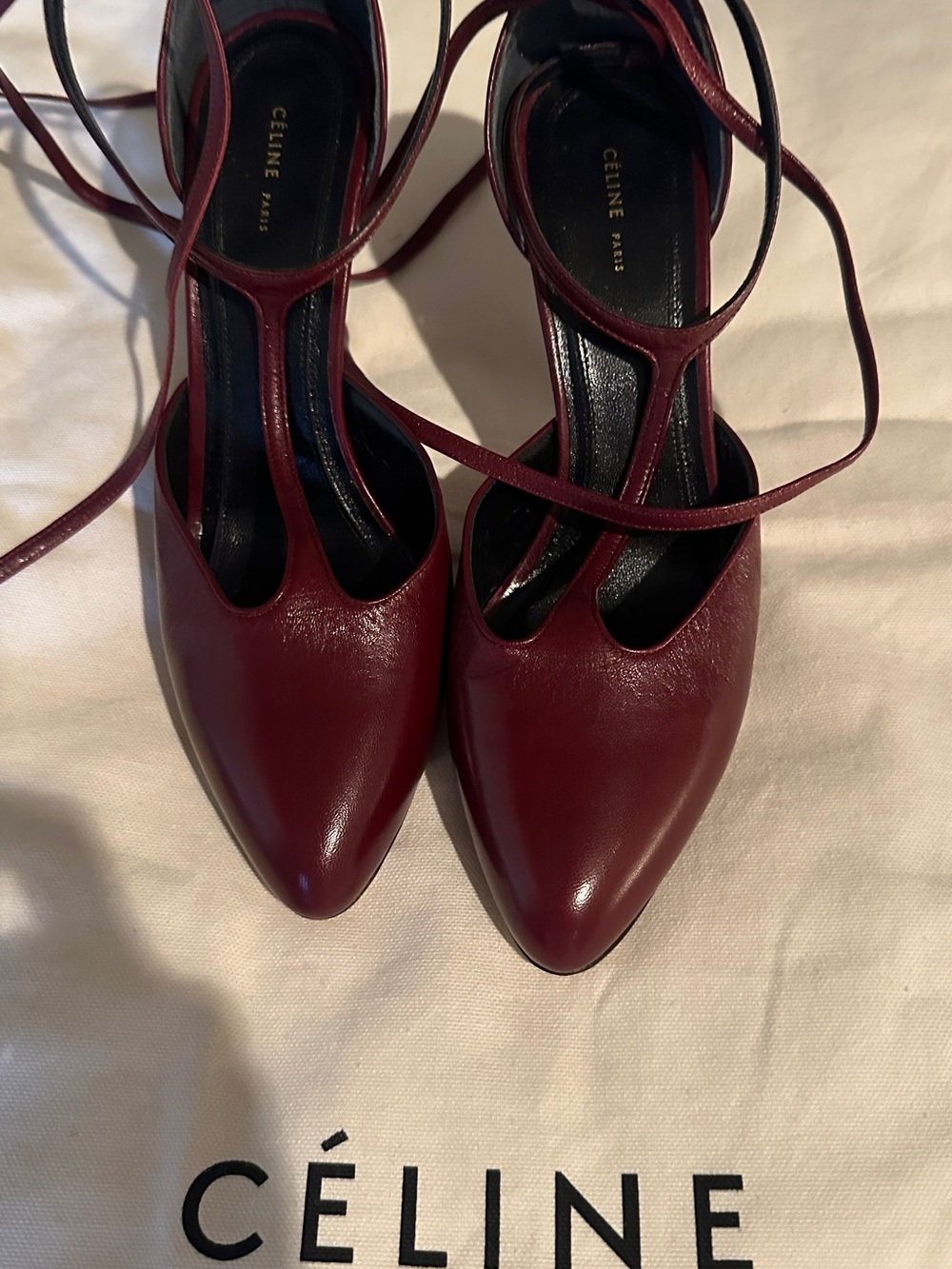 Celine Burgundy Leather T-Strap Wrap Heels - Picture 4 of 15